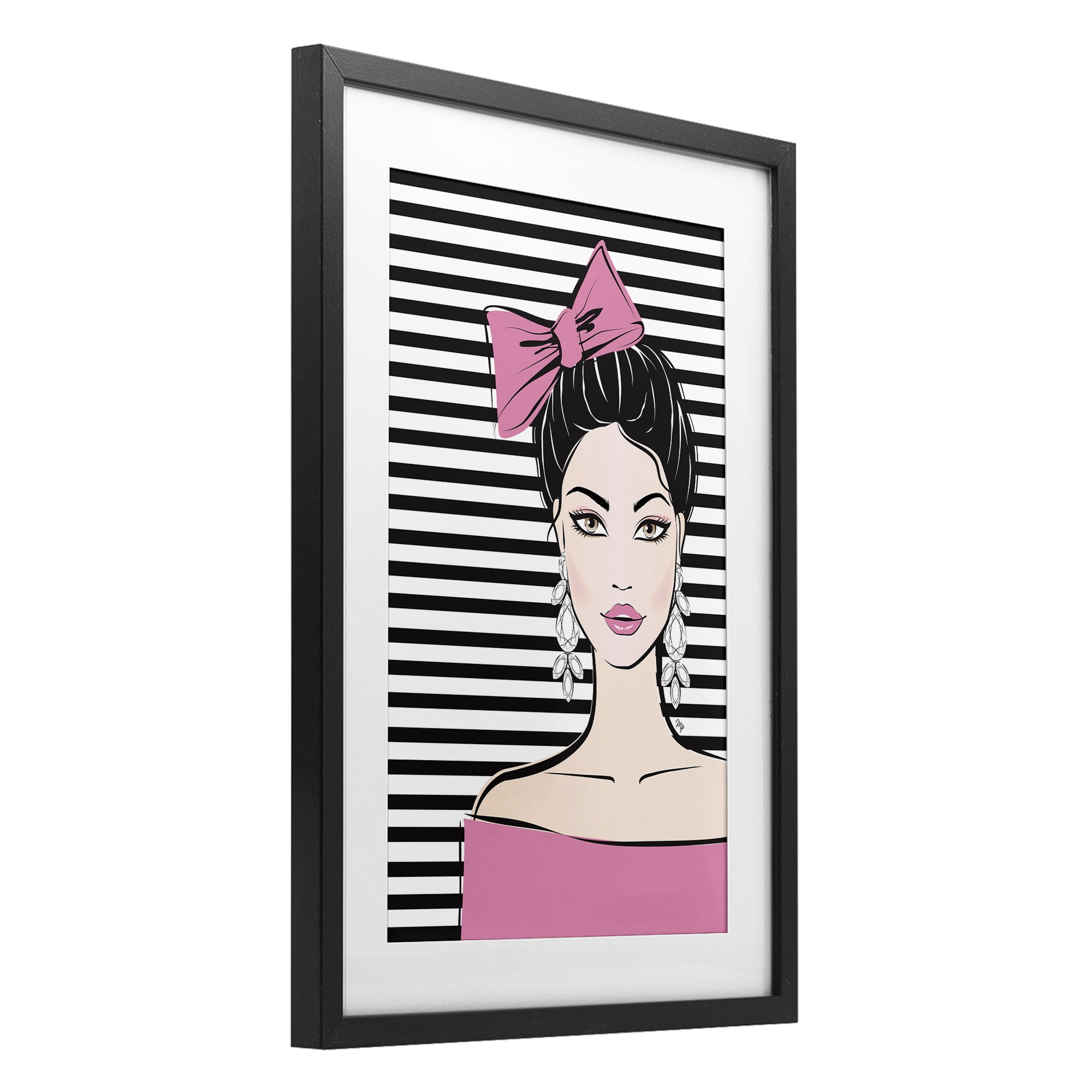 Stupell Industries Girl with Pink Bow & Earrings Black Framed Print Under Glass, design by Martina Pavlova
