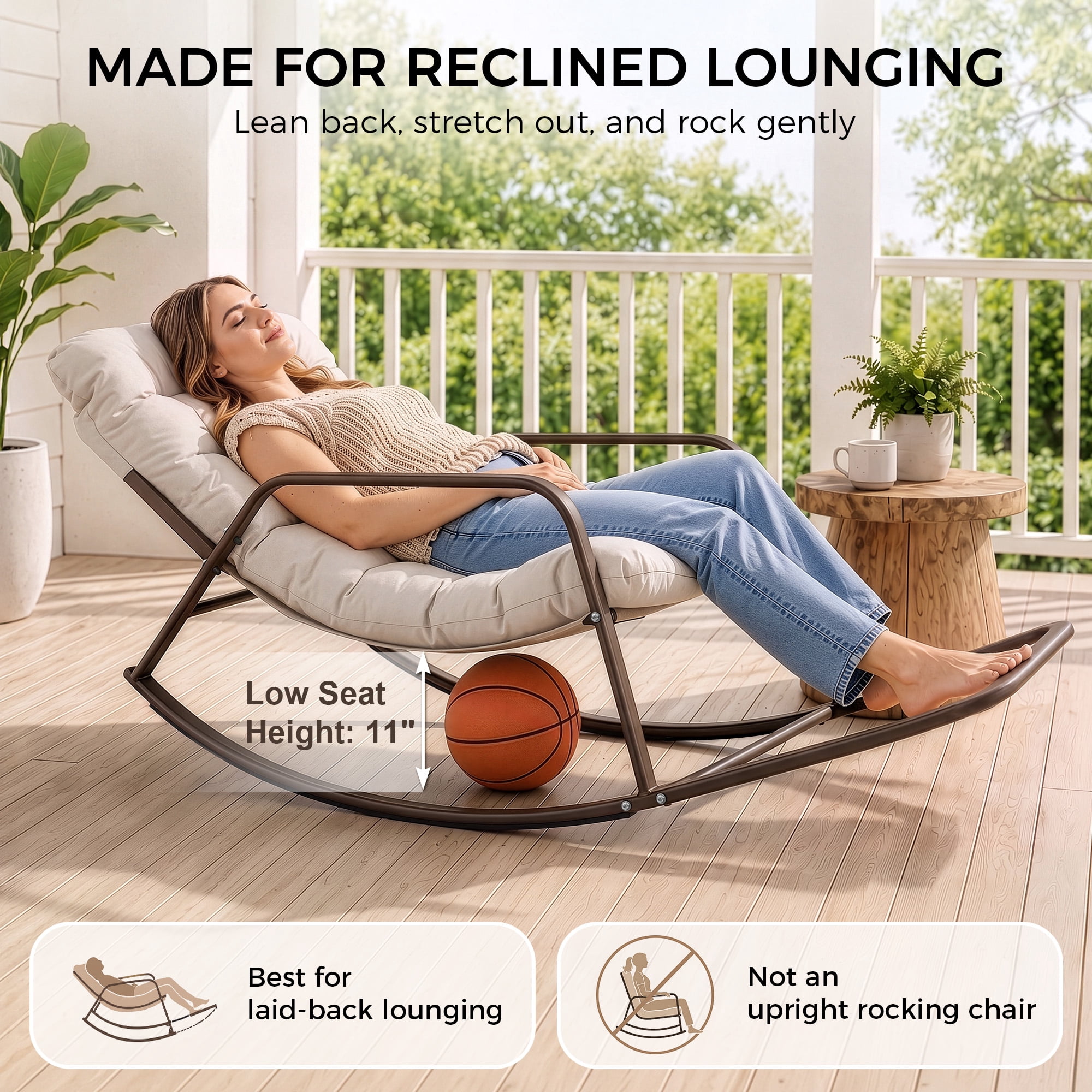 RADIATA Oversized Rocking Chair with Footrest, Patio Papasan Rocking Recliner for Indoor Outdoor Use, Heavy Duty Steel Lounge Chair, 400lbs, Beige