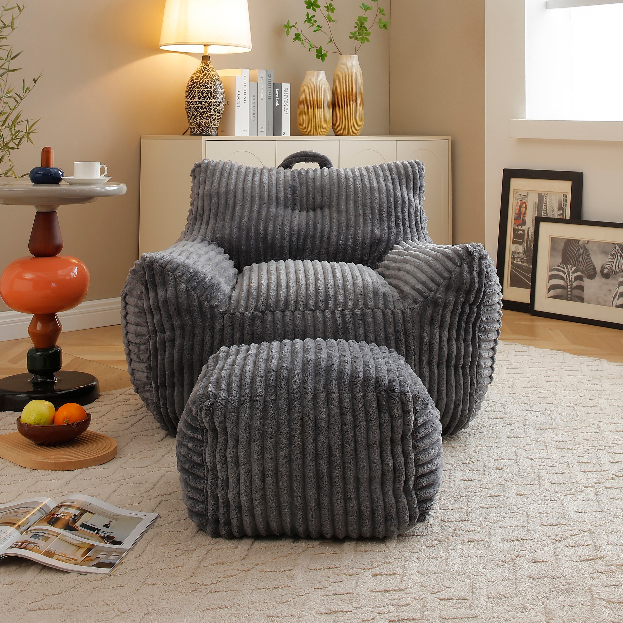 Giant Plush Bean Bag Chair for Adults with Armrests and Footstool, Comfy Beige Beanbag Chaise Lounge Lazy Floor Sofa Chair for Living Room, Bedroom & Dorm, Cozy Fluffy Cloud Mini Couch (Gray)