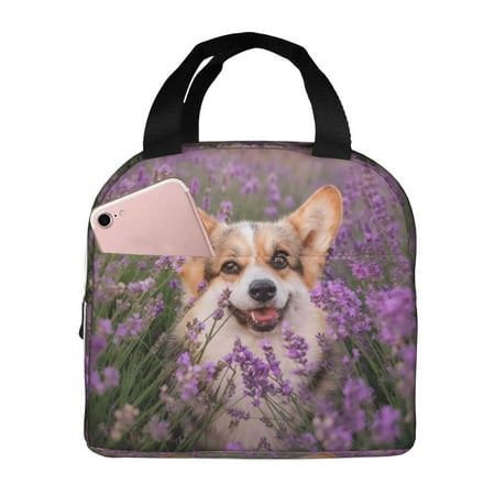 Insulated Lunch Bag for Women Men - Dog in Lavender Flowers Leakproof Cooler Lunch Box for Women Men  Lunch Tote Bags for Work School Picnic Travel