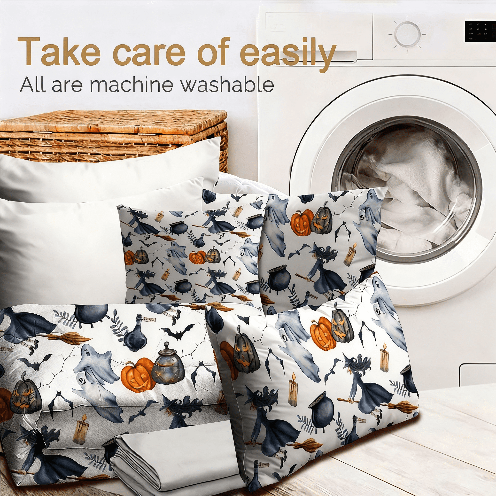 8-Piece Halloween Comforter Set Witch Pattern Bed-in-a-Bag with Sheet Shams Cushion Covers