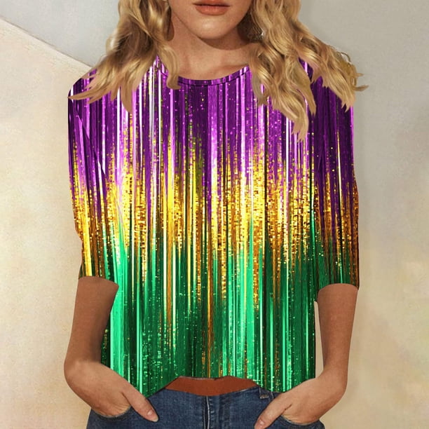 RKSTN Mardi Gras 3/4 Sleeve T Shirts for Women Top Oversized Crewneck Carnival Mask Print 3/4 Length Sleeve Shirt Womens Casual Round Neck Mask Tuesday Carnival Party Three Quarter Sleeve Tee Shirt