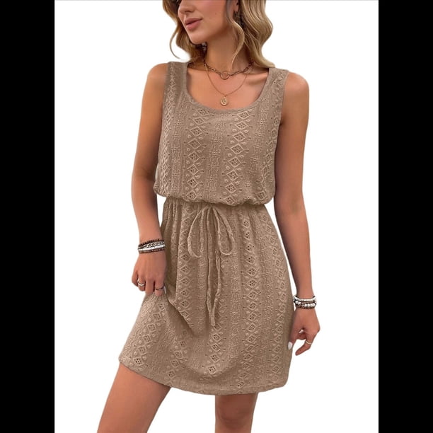 Vestido Mini con Cordón Texturizado y Calado para Mujer, Color Caqui M