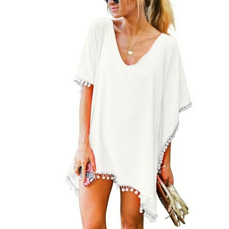 MSJUHEG Tassel Cover Up for Women Cute Coverups Chiffon Cover Up Women s Trim Kaftan Chiffon Tassels Swimwear Beach Loose Bikini Cover Up Tops Mesh Cover Up Womens Swim Suit Cover Up White XL