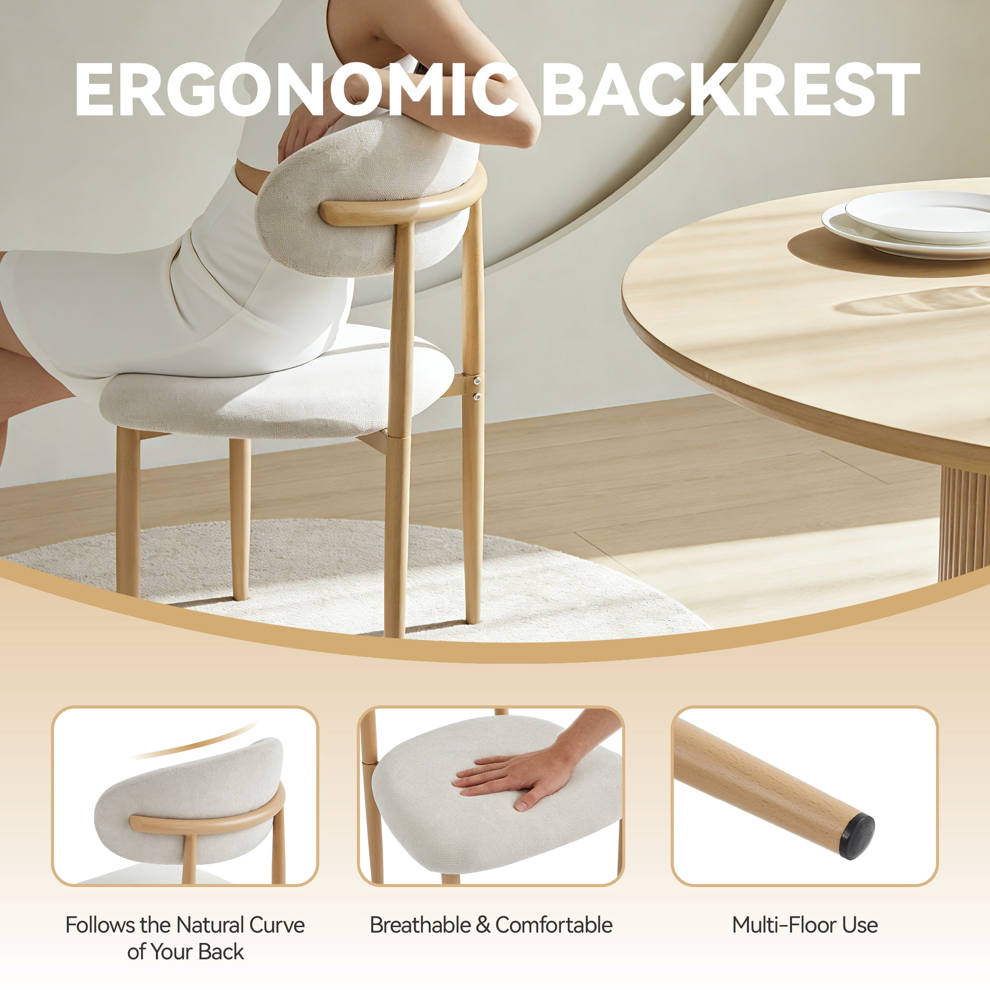 Leumius Set of 2 Dining Chair, Medieval Modern Farmhouse Soft Cushioned Linen Dining Chairs with Metal Legs for Kitchen Dining Table Natural
