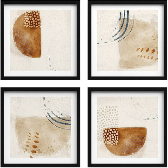 PixonSign Framed Wall Art Collage Print Gallery Set Minimalist Brown Tan Grunge Shapes Abstract Pattern Illustrations Modern Art Rustic Warm Sepia for Living Room, Bedroom, Office - 12"x12"x4 BLACK