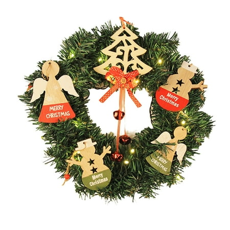 

SSBSM 30cm Christmas Artificial Wreath Luminous Warm Light Battery Operated with Bells Realistic Window Dressing Scene Layout Merry Xmas Santa Pendant Door Hanging Garland for Hotel