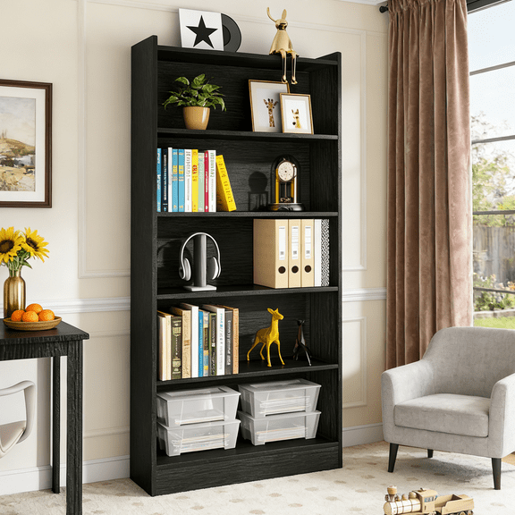 Fnova Modern 72" 6-Tier Storage Shelf, Wooden Shelving Unit, Closed Back & Side Panels for Living Room/Kitchen/Home Office, Easy Assembly