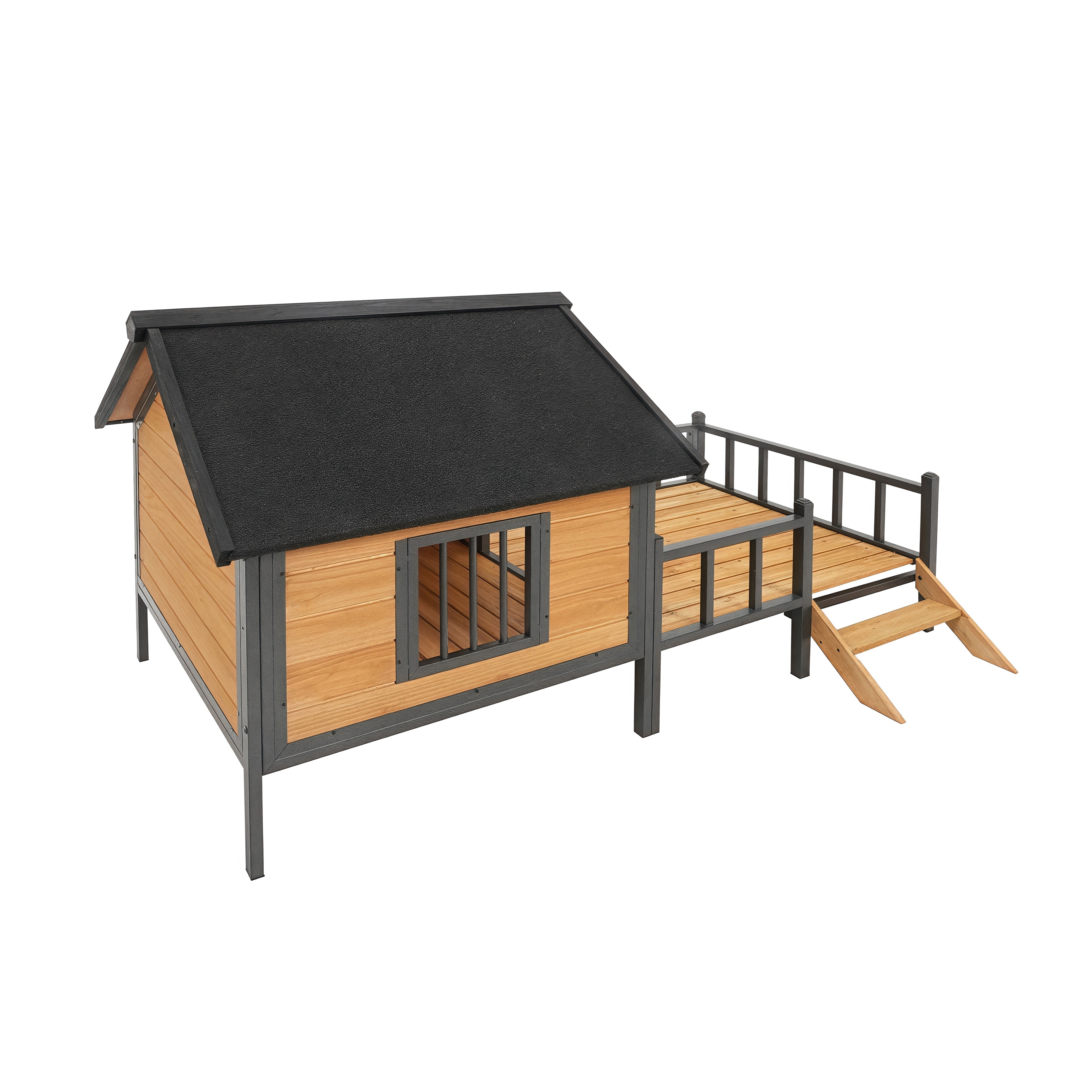 imerelez All-Around Iron Frame Outdoor Large Wooden Dog Kennel with Porch, Honey Color, Extra Large for 71-90 lbs, Waterproof Asphalt Roof, Anti-Chewing Metal Frame