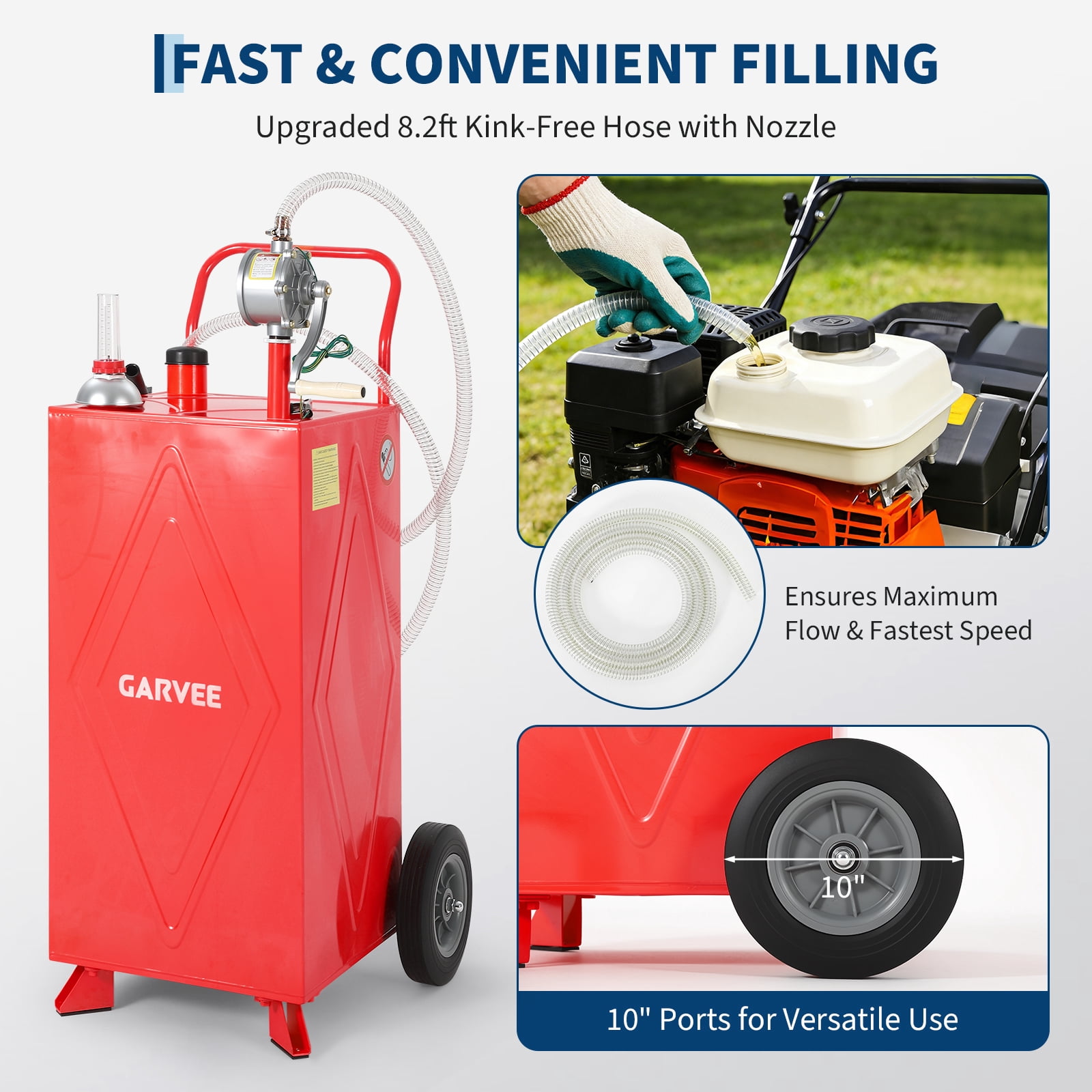 Garvee 35 Gallon Fuel Gas Caddy Storage Tank,Portable Fuel Transfer Tank with Smooth-Rolling Wheels, Manual Hand Crank Transfer Pump,Red