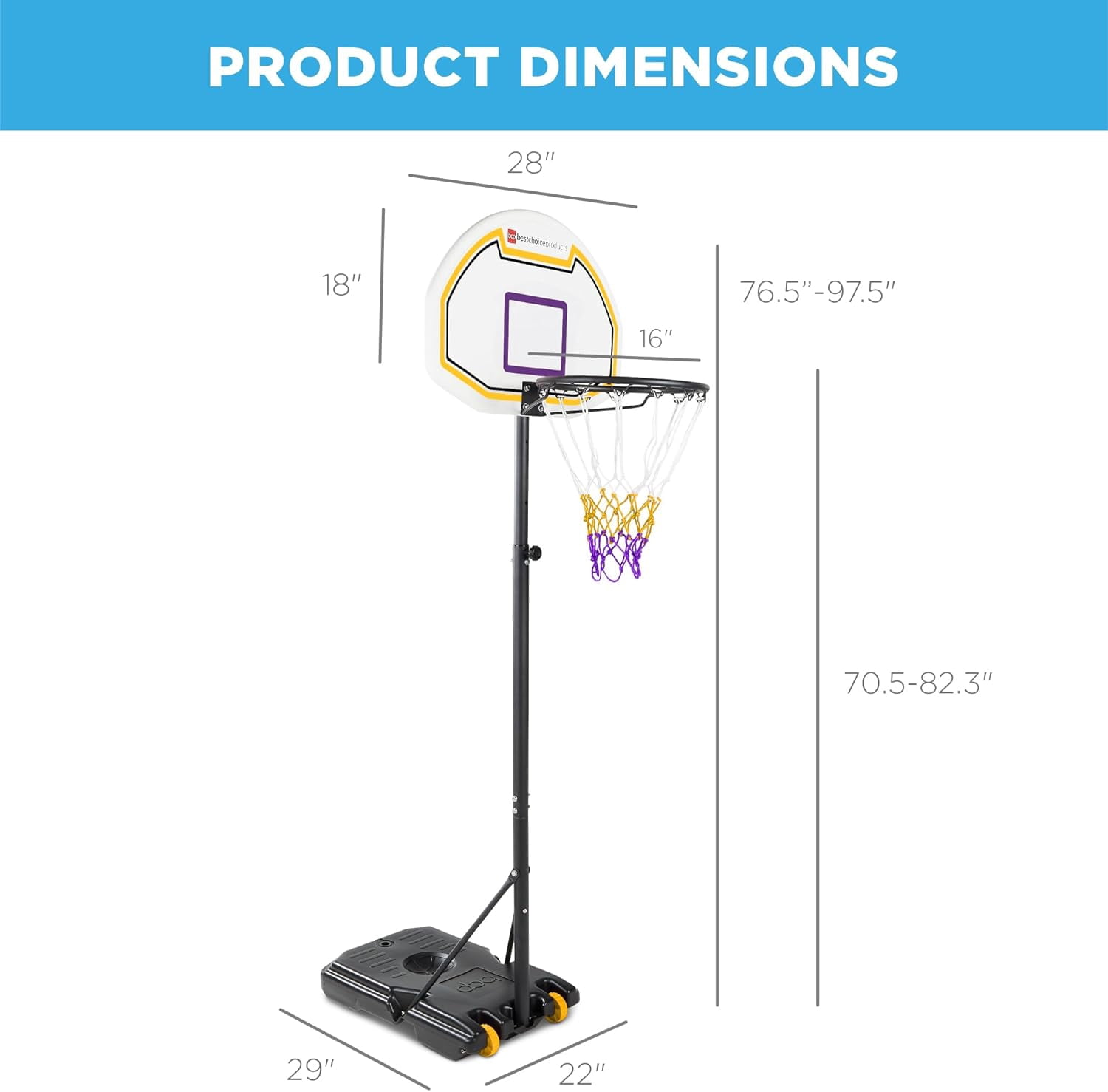 CHTER Kids Height-Adjustable Basketball Hoop, Portable Backboard Set w/ 2 Wheels, Fillable Base, 70.5in to 82.3in Tall