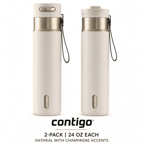 Contigo® 2-Pack 24 oz Leakproof Water Bottles – DualSip 2-Way Lid & AutoSeal®, Insulated, Carrying Strap, BPA-Free, Oatmeal with Champagne Accents