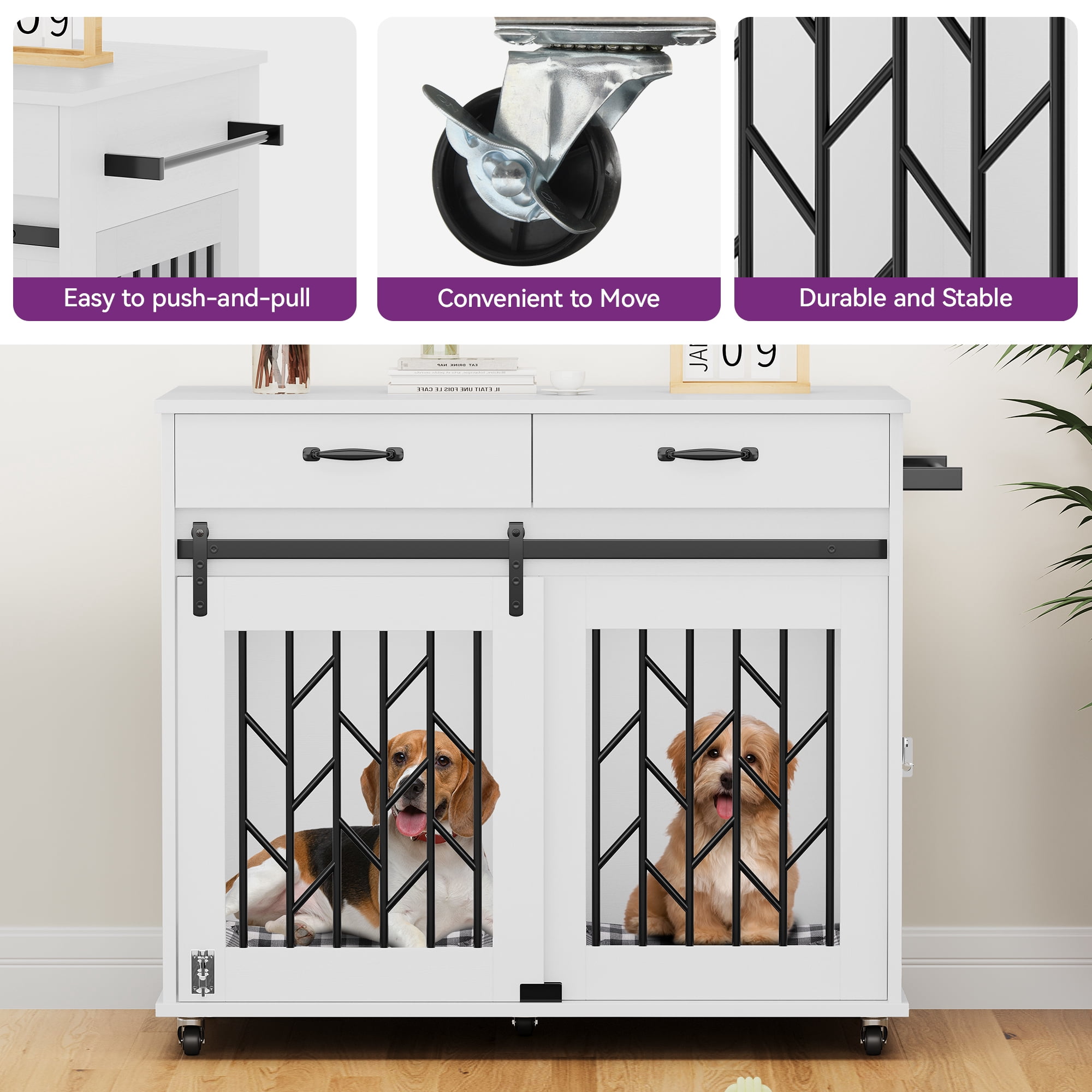 Uforic 39 inch Dog Crate Furniture End Table large Wooden Indoor Dog Kennel with Drawer & Wheels for Small to Medium,White