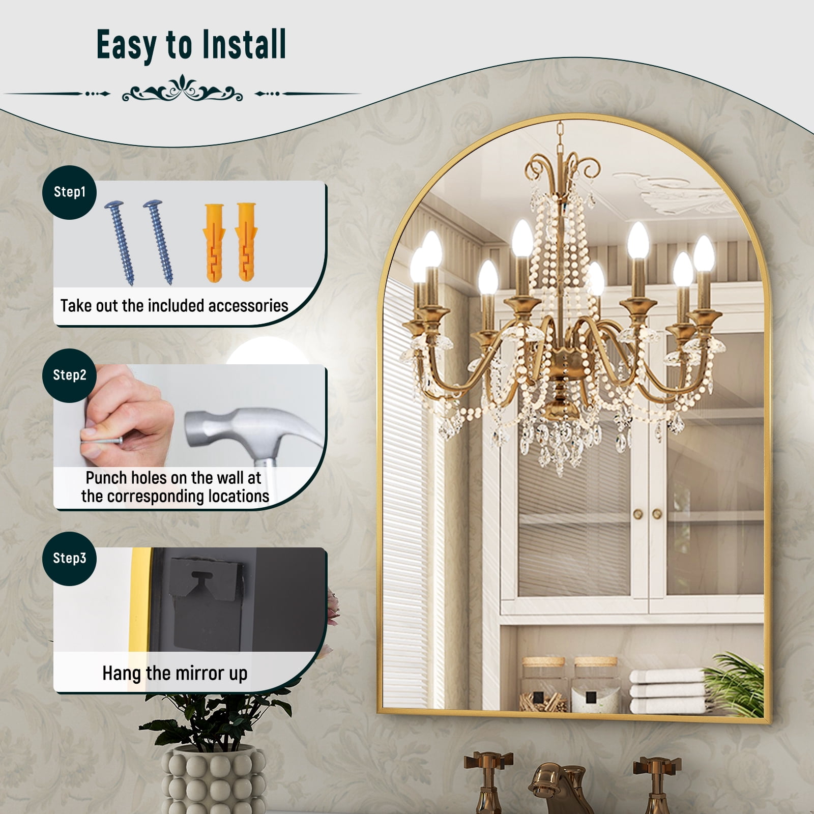 GRAHMCY 30"x40" Arched Bathroom Mirror Wall Mounted Vanity Hanging Mirror, Gold