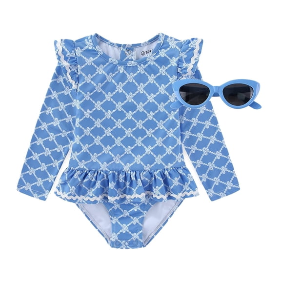 Sperry UPF 50 Long Sleeve Rash Guard One Piece Swimsuit Bathing Suit with Sunglasses (Baby Girls), Sizes 12M-24M