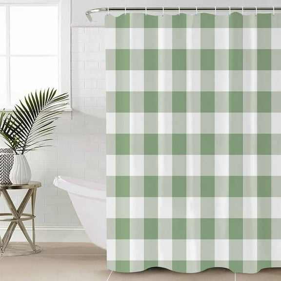 Sage Green Checkered Waterproof Fabric Shower Curtain, Farmhouse Buffalo Plaid Shower Curtain for Bathroom Curtains Bathtubs Hotel Washable Shower Curtains with 12 Hooks Stall 54x78in