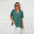 thumbnail image 2 of FJUCHAI Womens Shirts V Neck Short Sleeve Buttons Tops Tee Solid Color Blouse Loose Fit S-XXL, 2 of 9