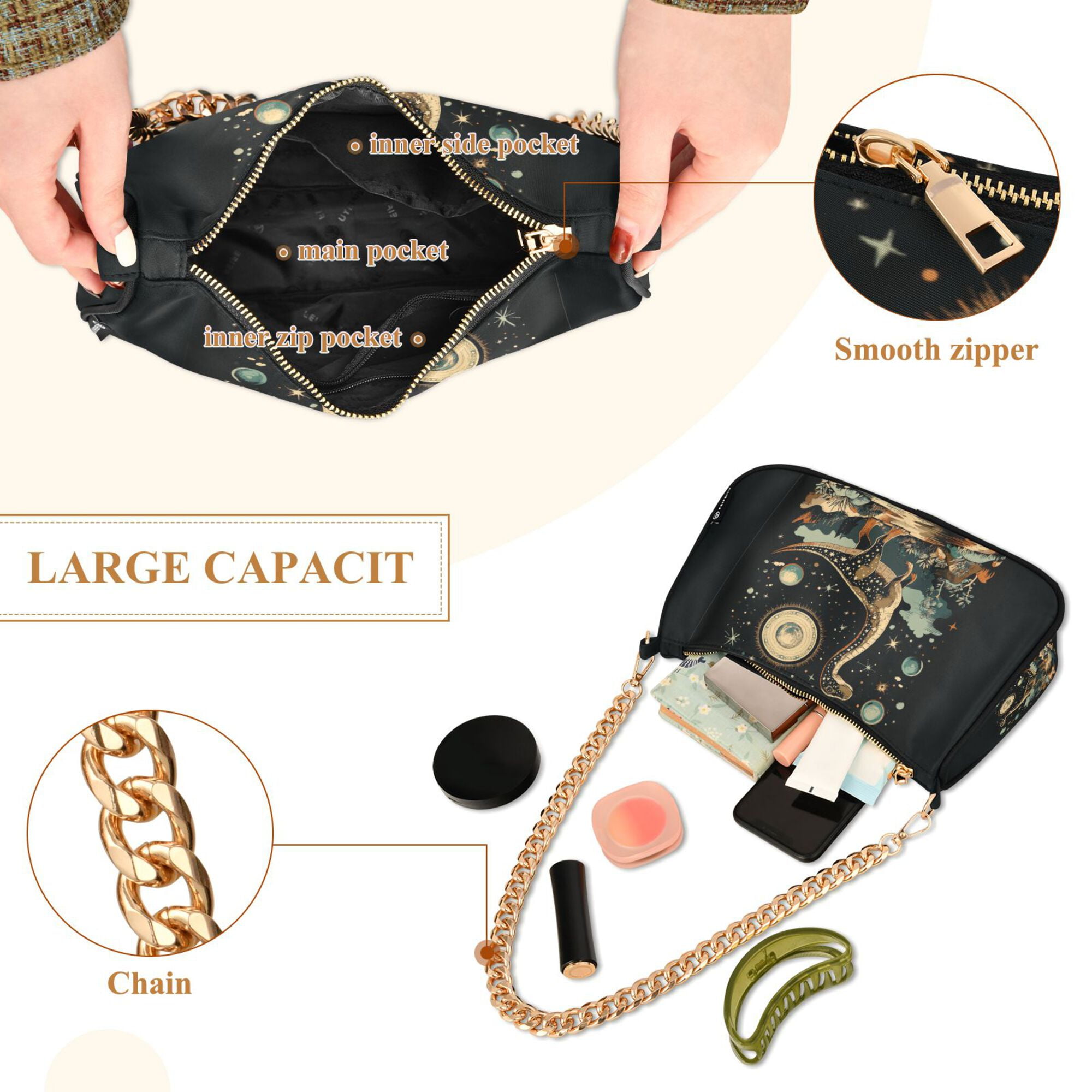 FORMRS Womens Shoulder Bag with Chain Strap Clutch Purse Cute Tote Handbag, Black Dinosaur