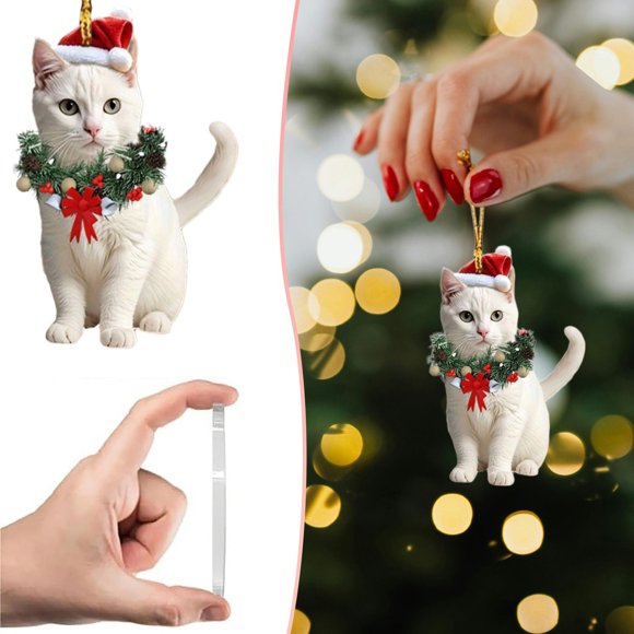 2PCS Cat Christmas Ornaments 2D Acrylic Cats with Santa Hat and Wreath, Cute Kitten Hanging Pendant for Christmas Tree, Wall, Door, Wedding, Café, Pet Event Holiday Decor, B, Hanging Ornaments