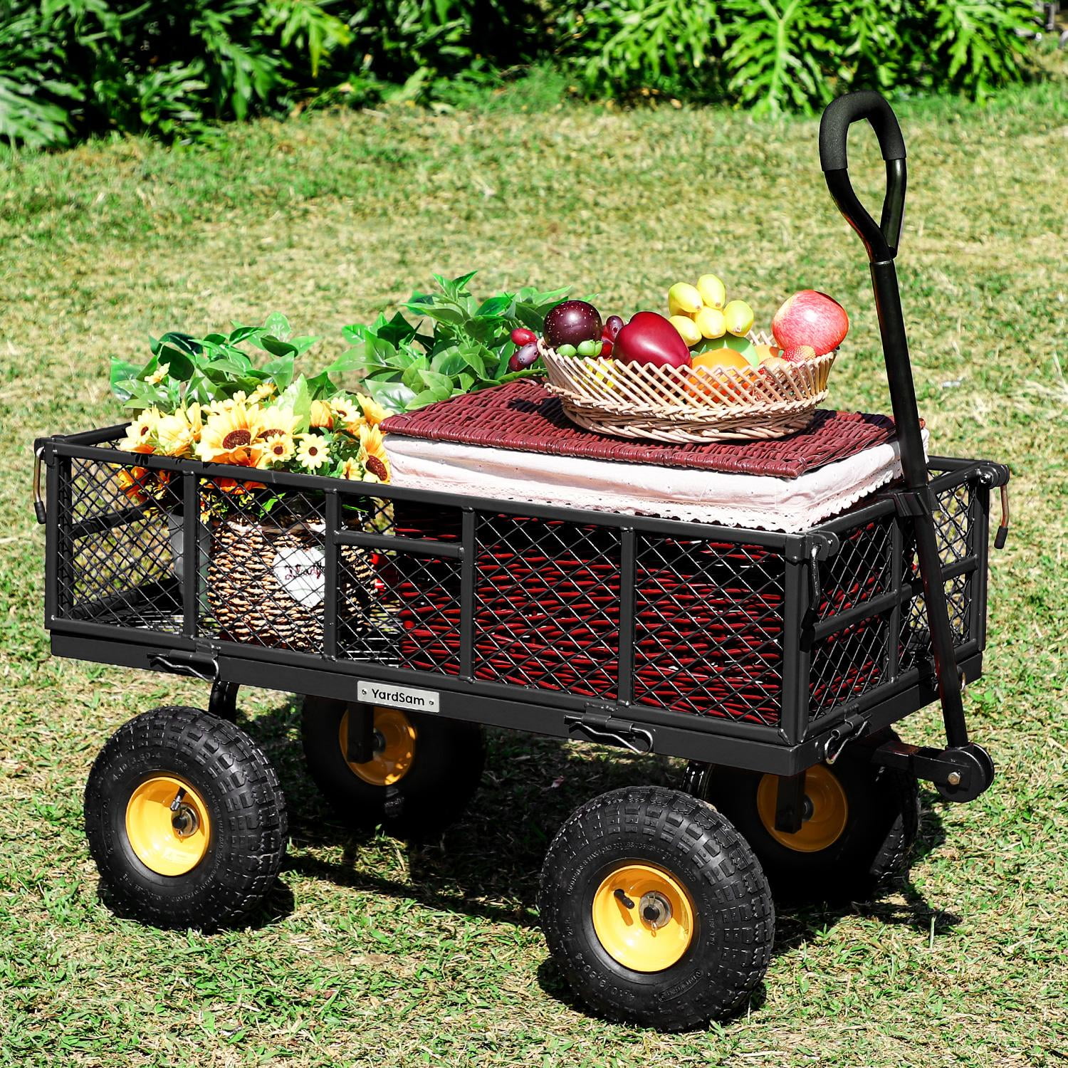 Lawn Wagon Cart Heavy Duty Black 10 Inch Wheels and 600D Polyester with PVC Coated Liner Long Handle Yardsam Utility Steel Garden Carts and Wagons Removable Sides 400lb Weight Capacity 