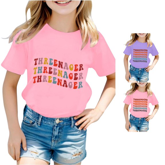 Trendfront Toddler Girls Fashion Tee Letter Print Casual Crewneck Short Sleeve Tops Pullover Shirt Clothes for Little Girl 3rd Birthday Party Gift T-Shirt