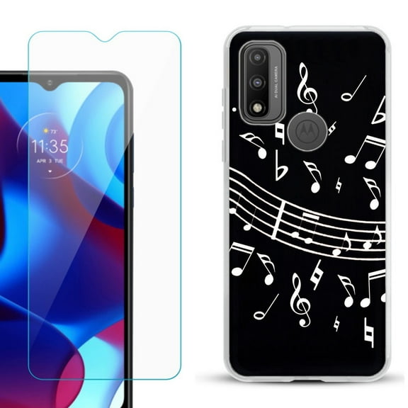 Slim-Fit Gel TPU Phone Case for Motorola Moto G Pure, with Tempered Glass Screen Protector, by OneToughShield ® - Music Notes / Black