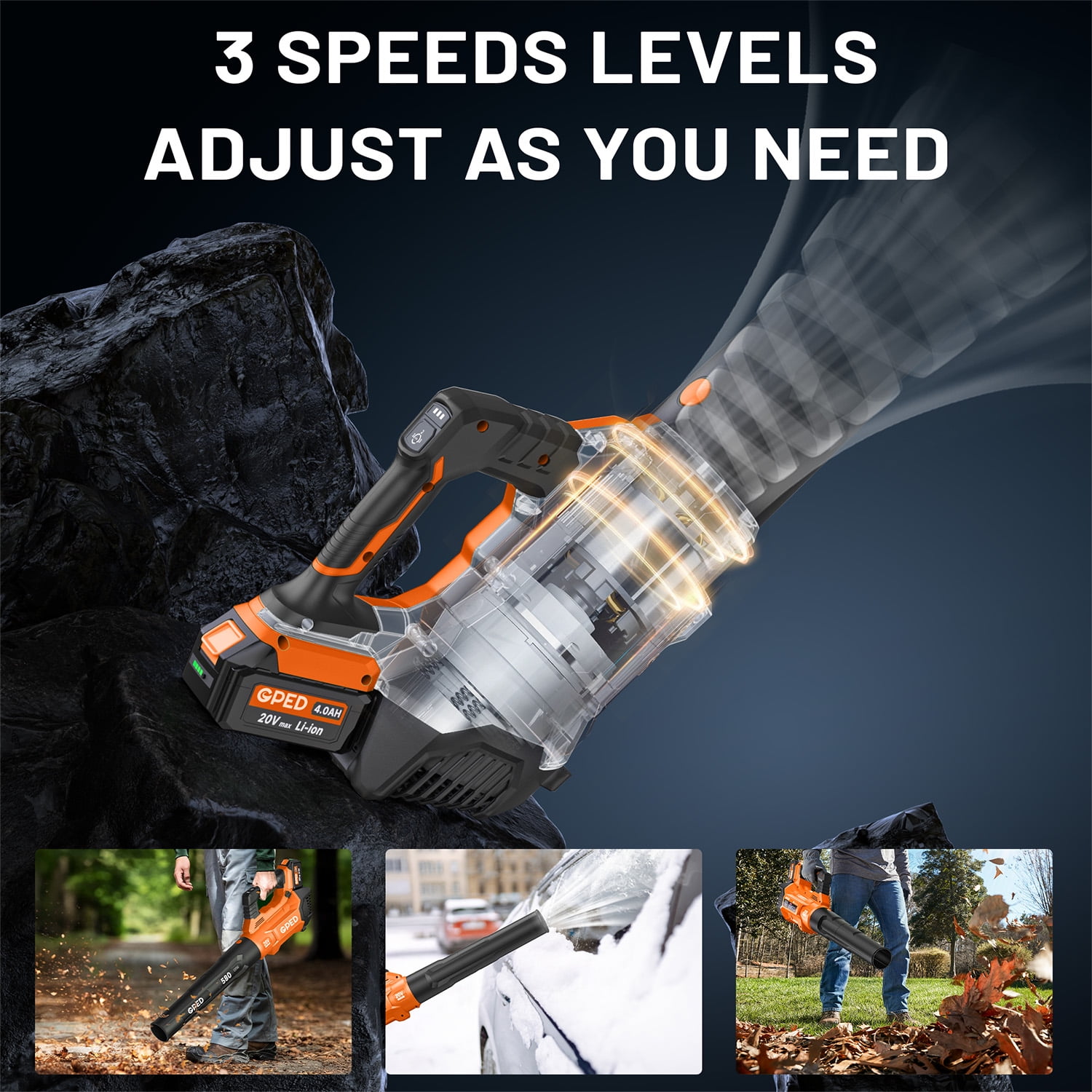 Leaf Blower, 3 Speed Adjustment Electric Cordless Leaf Blower with 2 x 4.0Ah Batteries, Charger, Shoulder Strap, 580CFM/160MPH, Ideal for Patio Cleaning, Lawn Care, Blowing Leaves, Orange