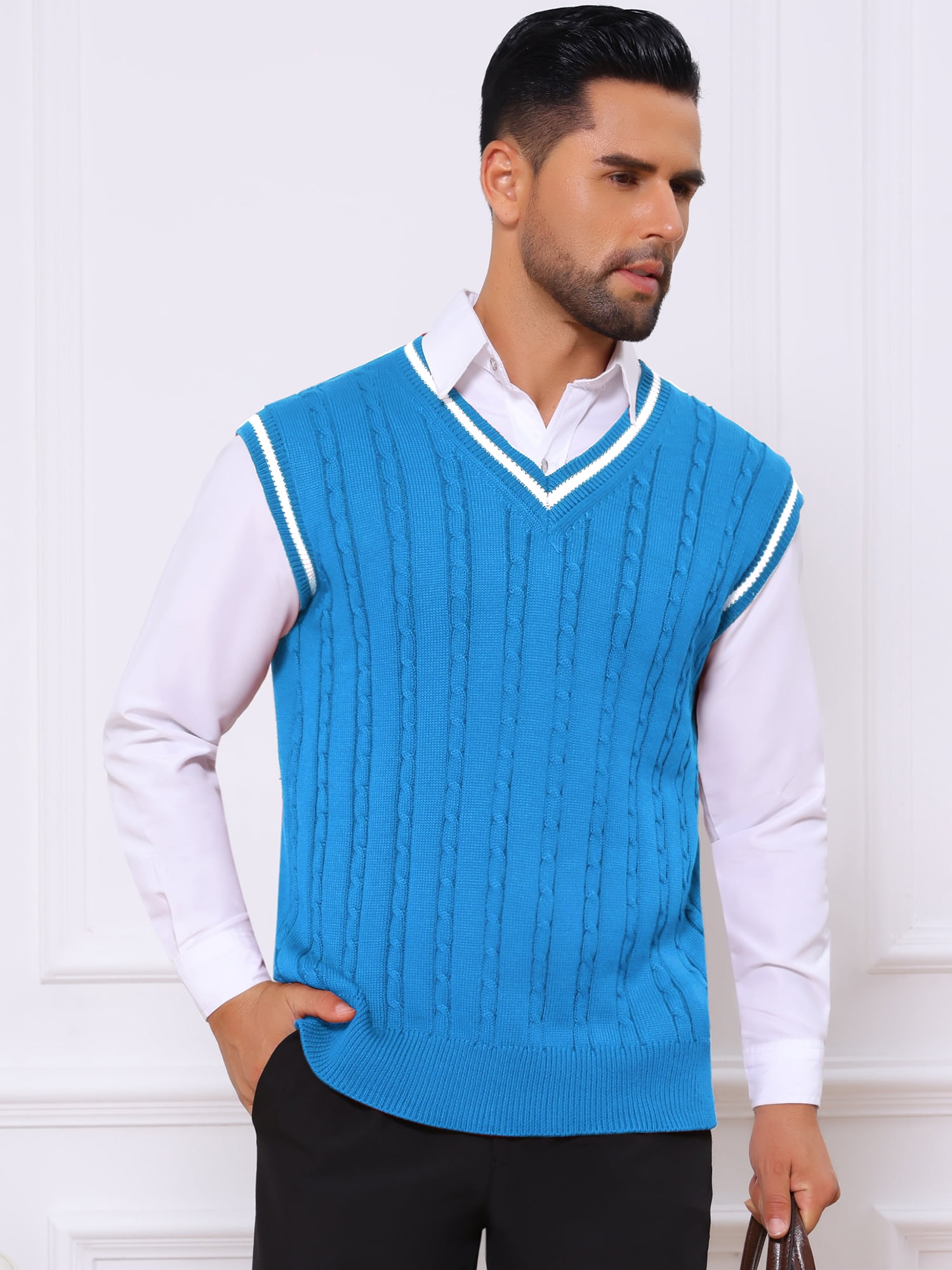 DARING DIVA Men's Solid Color V-Neck Sleeveless Cable Knitted Sweater Vest M Blue