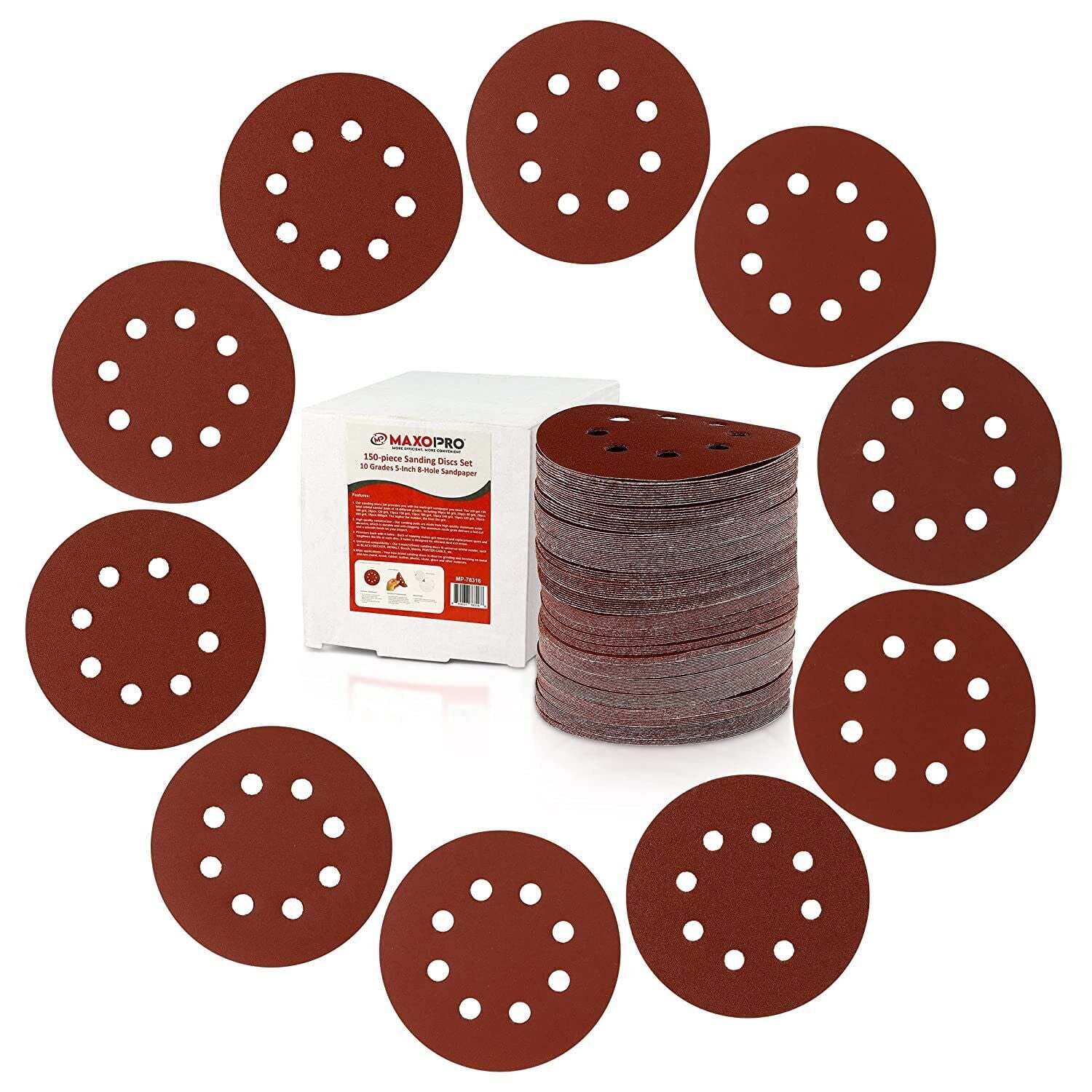 Maxopro 150 5 inch Sanding Discs Hook and Loop Assorted Grits Orbital
