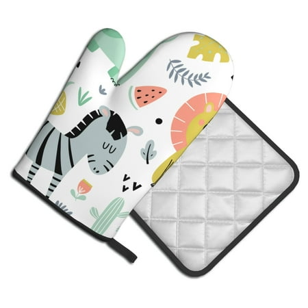 

Oven Mitts And Pot Holders 2 Pcs Set High Heat Resistant Degree Extra Thicken Long Kitchen Oven Glove For Kitchen Baking Grilling Non-Slip Cooking Mitts Seamless Tropical Pattern Cute Zebra Elephant