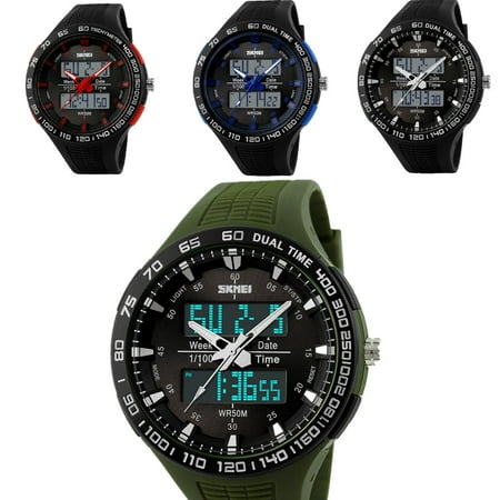 - SKMEI Men Waterproof Dual Time LED Military Date Chrono Sport Quartz Wrist Watch With Stainless Steel Buckle Soft PU Strap Comfortable