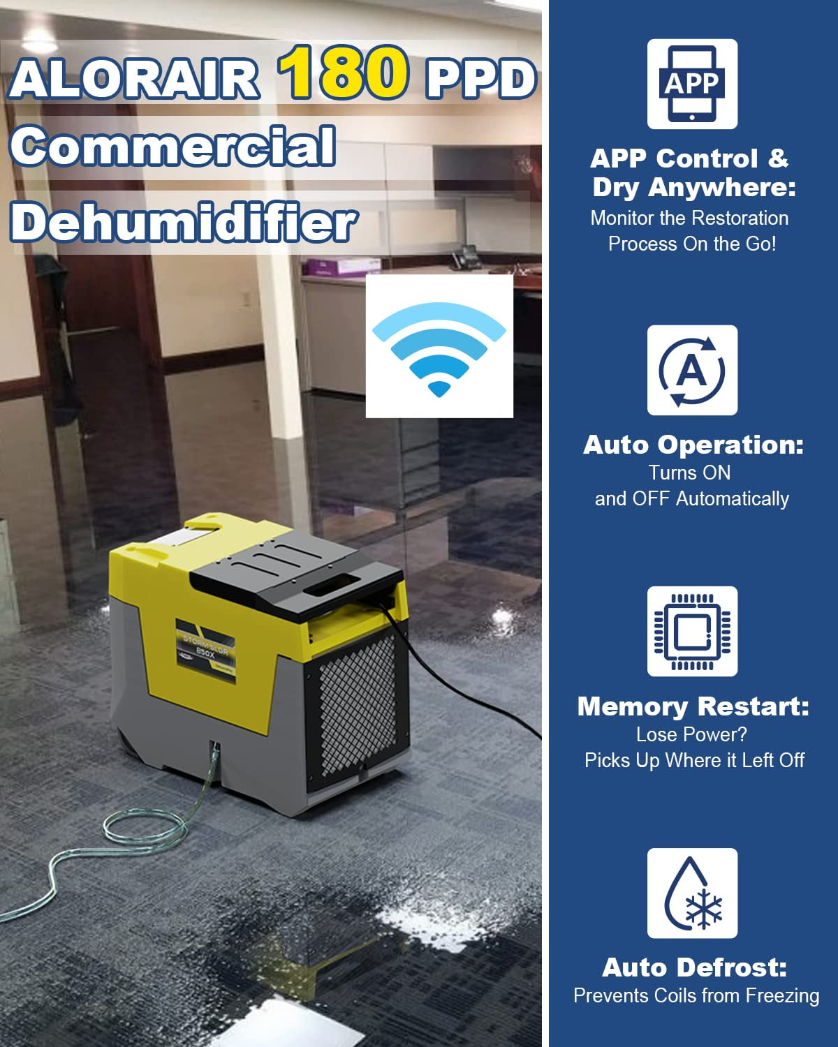 ALORAIR 180 Pints Commercial dehumidifiers with Pump Smart WiFi Control, Storm LGR 850X Industrial Dehumidifier for Water Damage Restore, Basement, Garage, Crawl Space, with 5 Years Limited Warranty