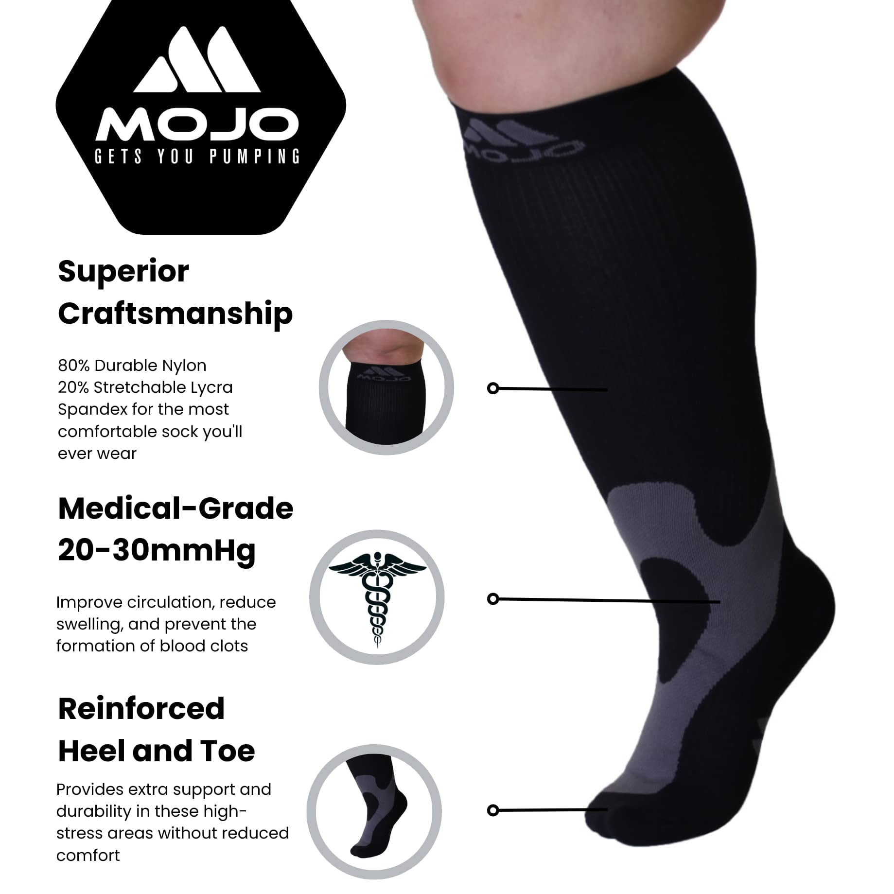 Mojo Plus Size Comfort 20-30mmHg Compression Stockings - Varicose Veins,  Swelling - Black, 5X-Large