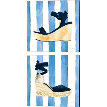 Great Art Now Beach Glam Navy on Stripes by Mercedes Lopez Charro 2 Piece Canvas Art Set Each 14"W x 14H