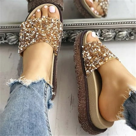 

Tangnade House Slippers for Women Fashion Flats Sequin Crystal Open Toe Beach Shoe Roman Slippers Sandals