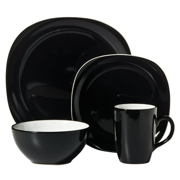 Thomson Pottery Duo Quadro Black 16 pc Dinnerware Set Service For 4