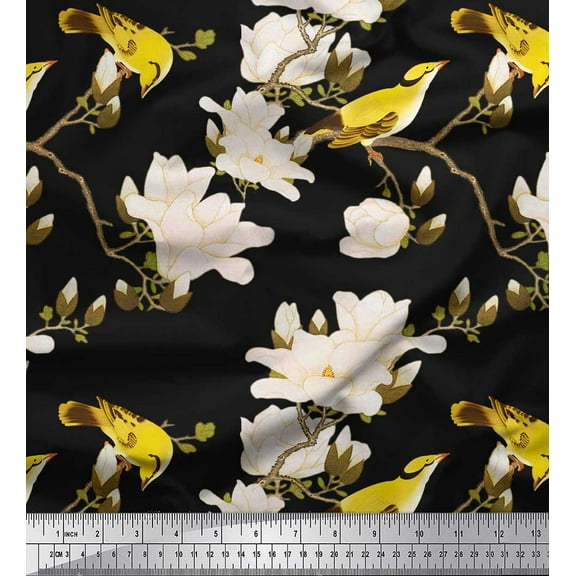 Soimoi Black Cotton Duck Fabric Floral & Leaves Bird Bird Fabric Prints By Yard 44 Inch Wide