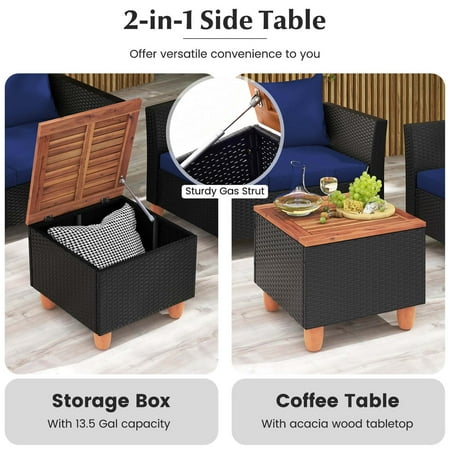 Costway 4 PCS Wicker Patio Furniture Set with Removable Cushions Storage Coffee Table - Navy,Black