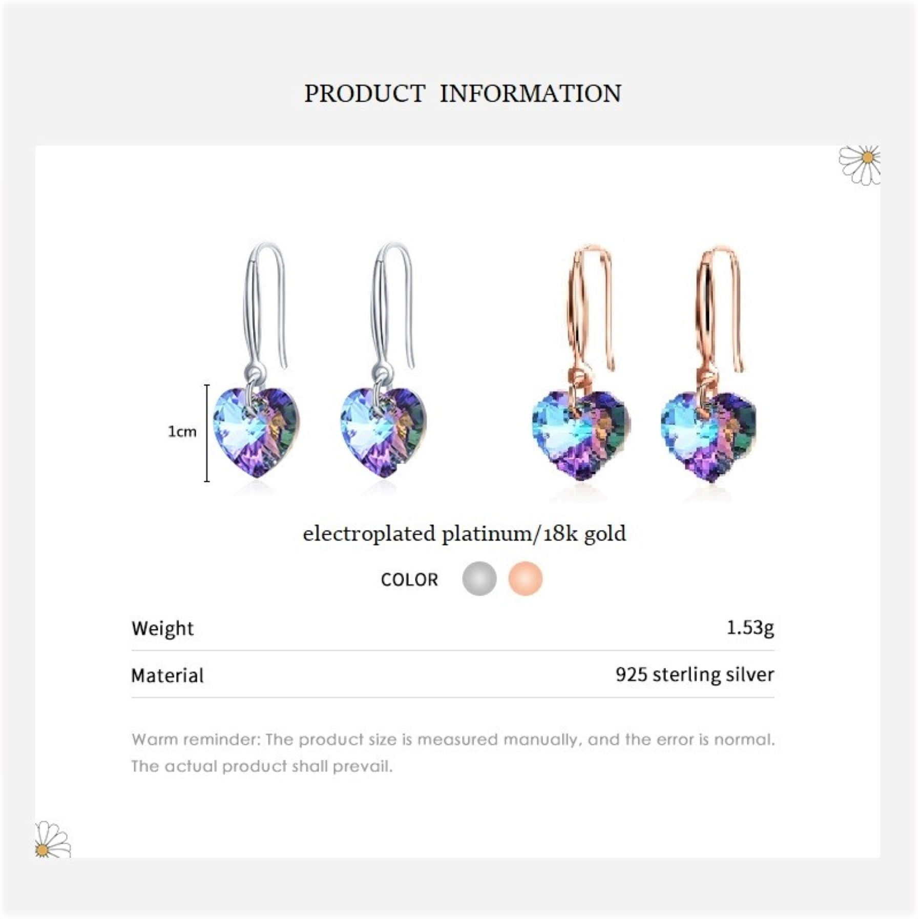 Bellitia Jewelry Crystal Heart Shape Drop Dangle Earrings for Women, Rose Gold/White Gold Plated 925 Sterling Silver Hook Hypoallergenic Jewelry