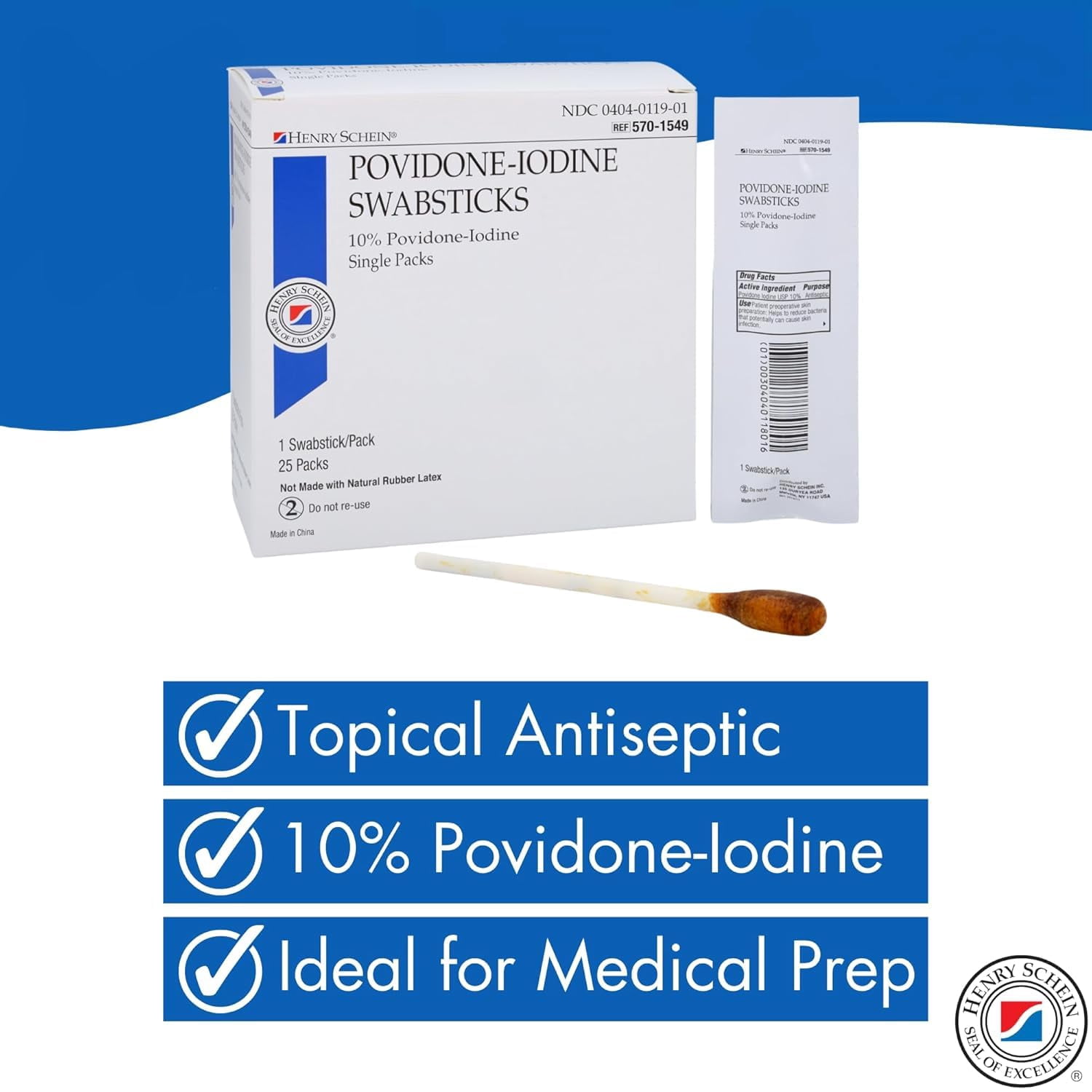 Henry Schein Prep Povidone-Iodine Swabsticks 1's- Sterile, Antiseptic for Skin Preparation, Individually Packed, 10% Povidone-Iodine, 25 Packs per Box - 20 Boxes