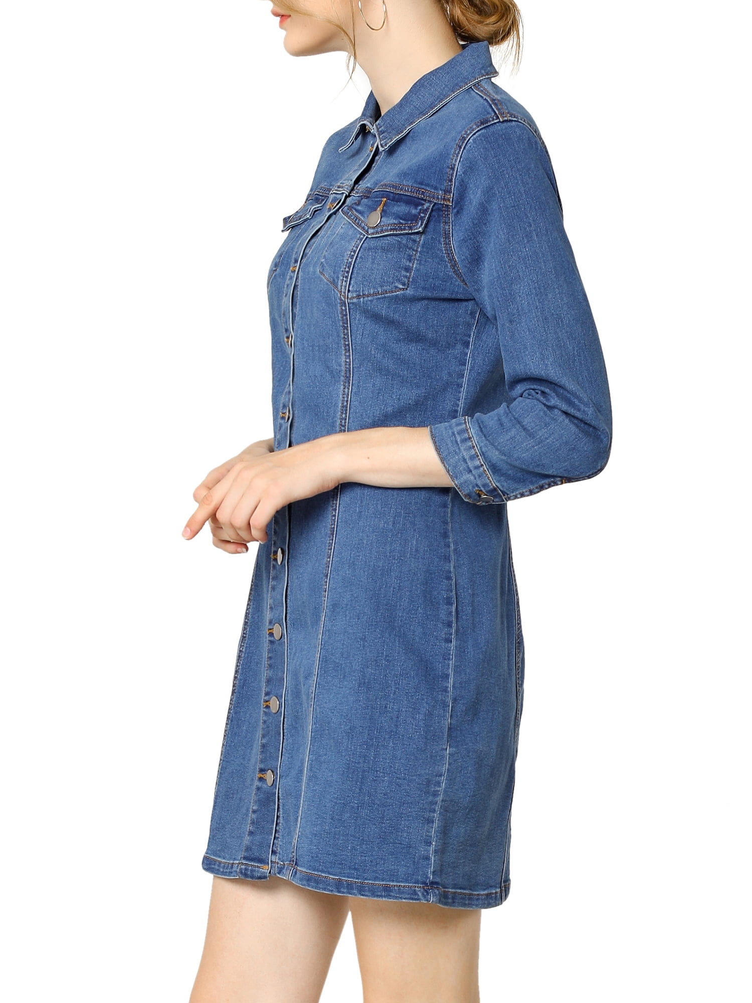 DARING DIVA 3/4 Sleeve Button Down Denim Shirt Dress M Blue