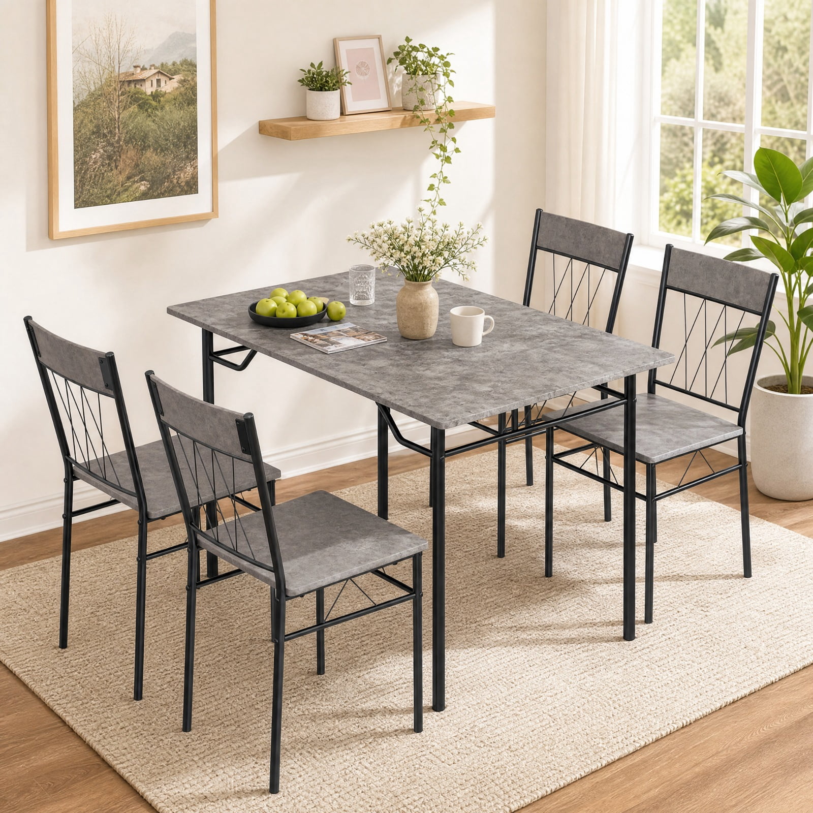 Furnibear 5 Piece Dining Table Set for 4 with Kitchen Table and Metal Frame Dining Chairs for Small Apartment Dining Room, Gray