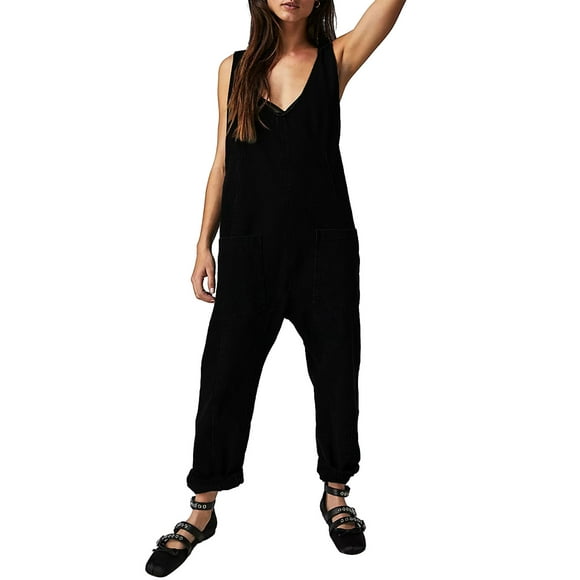 Nituyy Women Denim Bib Overalls Solid Color Loose Straight Leg Jumpsuit Romper Pants with Pockets for Streetwear
