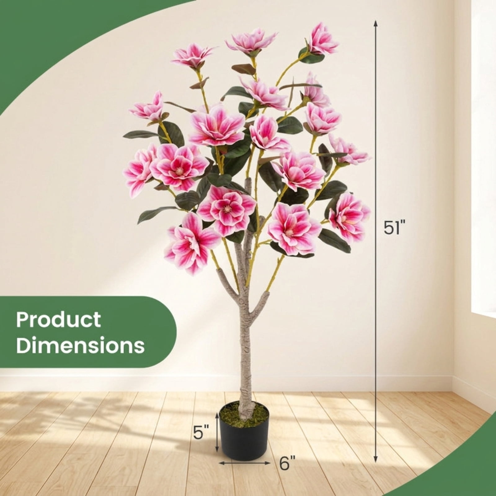 Vebreda 51 in Artificial Magnolia Tree, Faux Potted Flowering Plant with 18 PEVA Magnolia Blooms and Cement-Filled Pot, Indoor Home Office Wedding Decor, Pink