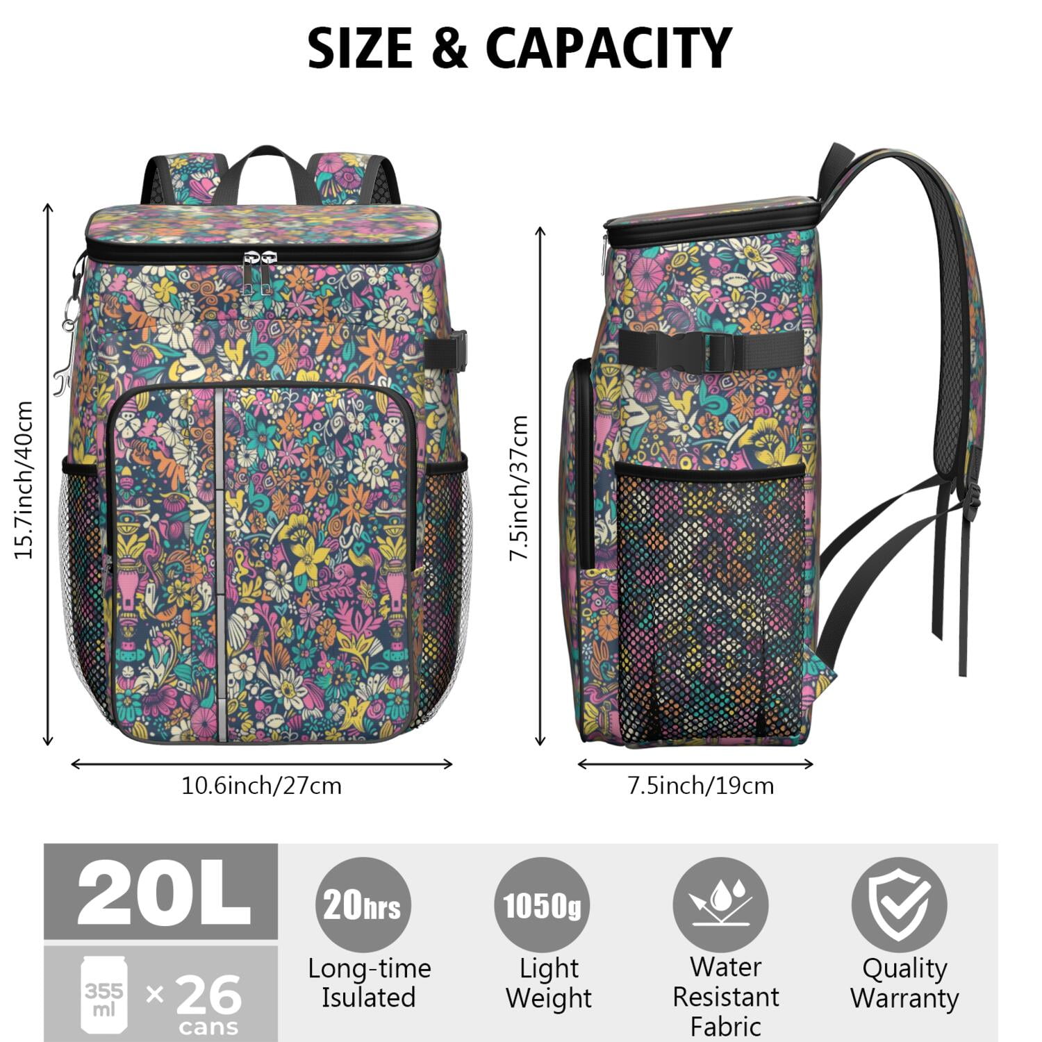 Travel Cooler Bag - Pioneer Flower Camping Beer Cooler Backpack with Bottle Opener- Waterproof Insulated Picnic Backpacks - Cooler Bag for Beach