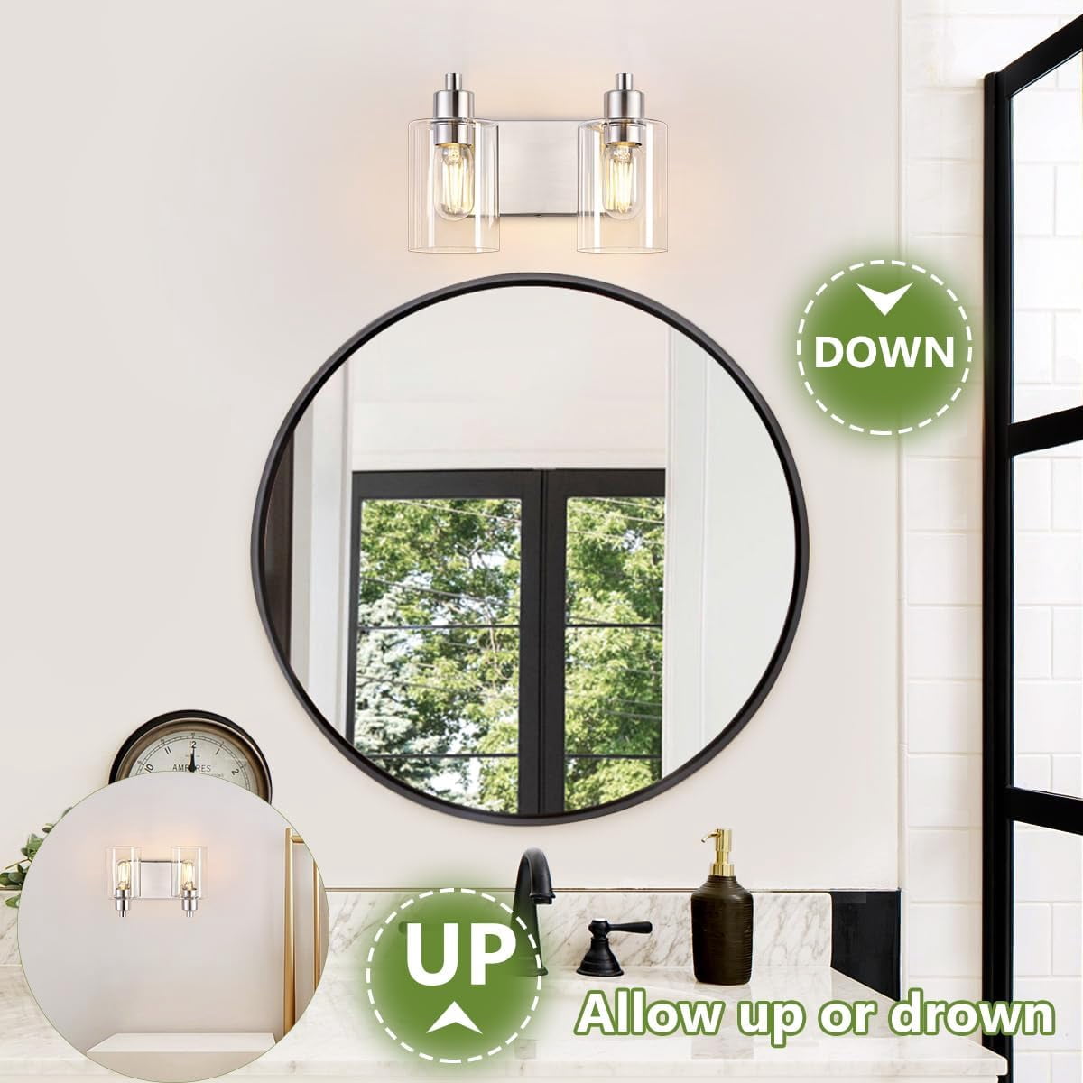 Bathroom Light Fixtures Bathroom Vanity Light 2-Light Bathroom Lights over Mirror with Clear Glass Shade for Kitchen Living Room Bedroom