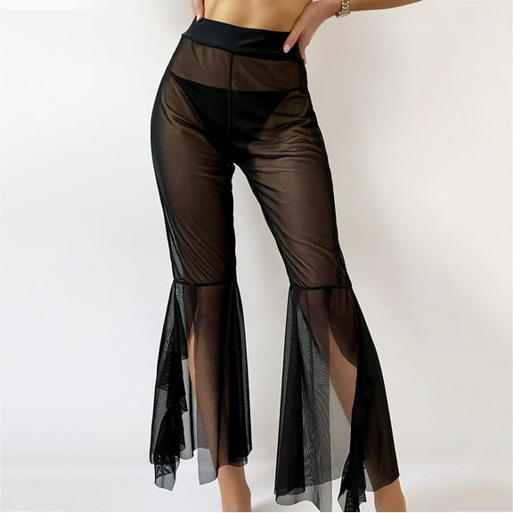 DondPO Swimsuit Coverup for Women Beach Cover Ups Women Mesh Ruffle Trim Cover Up Pant Beach Cover Up Beach Wrap Bikini Shiny Wrap Cover Up Swimwear Pant Womens Swimsuits Beach Dresses Black L