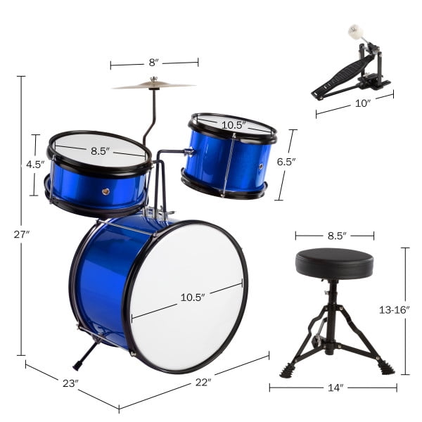 Kids 3-Piece Drum Set with Cymbal, 2 Toms, Bass Drum and Pedal, Drumsticks and Drum Throne for Beginners, Blue by Hey! Play!