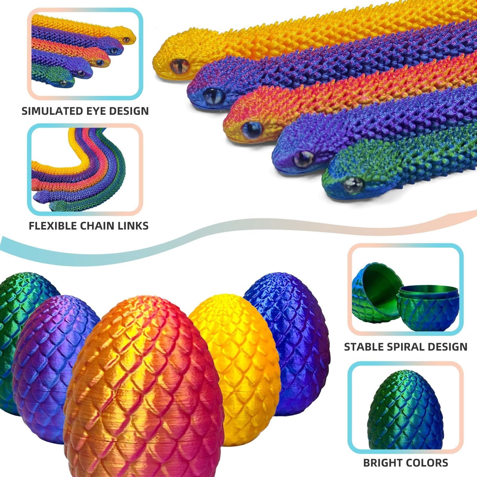 5 Pieces 3D Printed Snake Egg Set Movable Snake Easter Egg Easter Gift Mystery Snake Egg Fidget