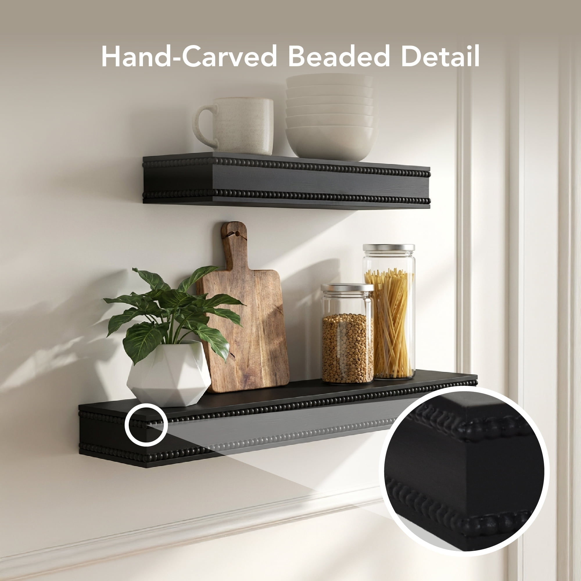 American Art Decor Beaded 2-Piece Floating Wall Shelf Set, Black Shabby Chic Carved Picture Ledge Shelves with Lip, Decorative Wall Ledge for Nursery, Gallery, or Living Room Display
